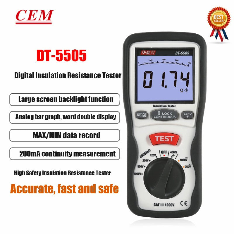 CEM DT-5505 Digital Insulation Meter Megger Resistance Tester Measurement Of Electrical Equipmentand Insulating Materials CEM DT-5505 Digital Insulation Meter Megger Resistance Tester Measurement Of Electrical Equipmentand Insulating Materials